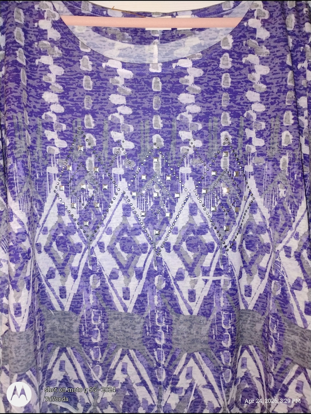 Cato Purple and White Printed Blouse with Stud Accents PTP 29"